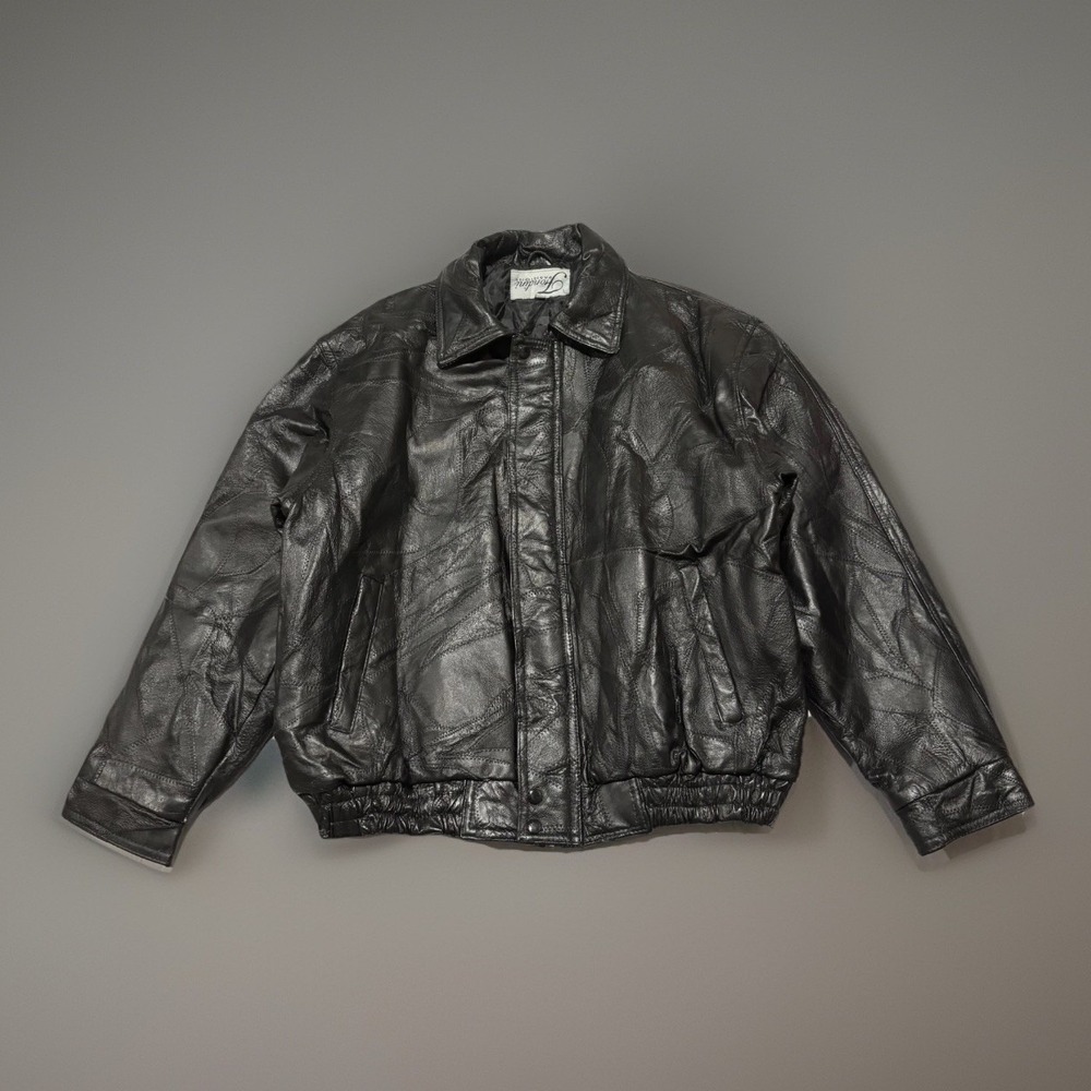 Fondini Fashions Mens Black Genuine Leather Patchwork Bomber Jacket Size L